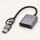 Grey aluminium USB-C and USB-A SD and microSD card reader on a studio background