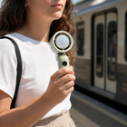 Compact rechargeable handheld fan used by a commuter on a warm day