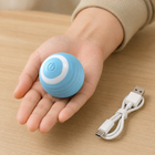 Compact sky-blue interactive pet ball shown in an adult hand with charging cable