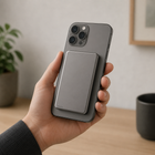 Slim grey magnetic power bank attached to the back of a compatible smartphone