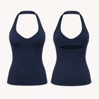 Deep navy halter-neck sports tank top shown from the front and back