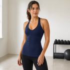 Front three-quarter fit view of the deep navy halter-neck sports tank top