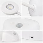Close-up views of the wall light LEDs, adjustable joint, motion sensor, controls and USB-C port