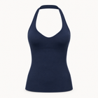 Women's deep navy halter-neck sports tank top with removable pads