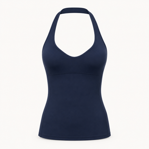 Women's deep navy halter-neck sports tank top with removable pads