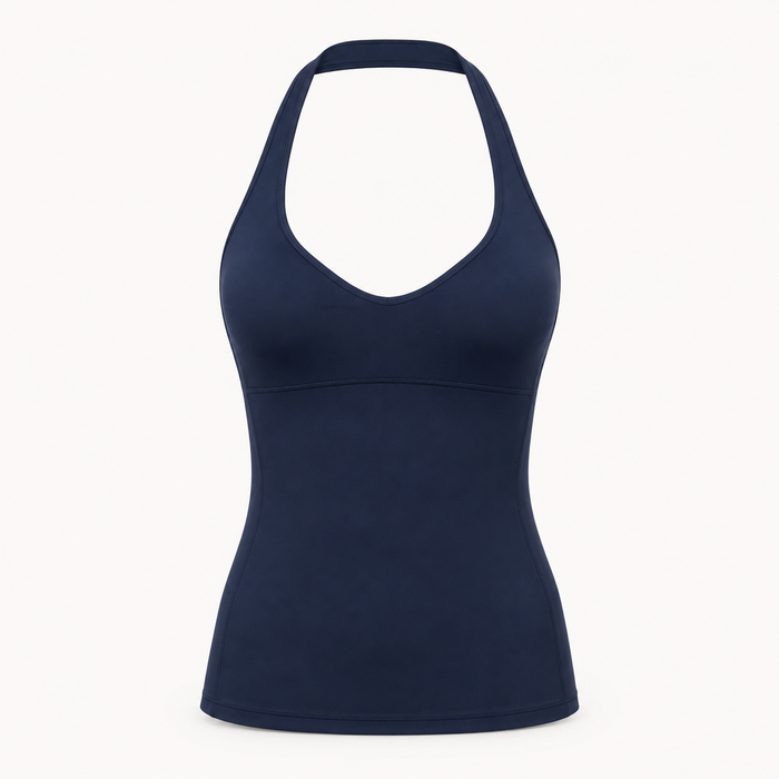 Women's deep navy halter-neck sports tank top with removable pads