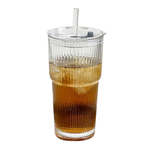 Large striped glass tumbler with lid and straw